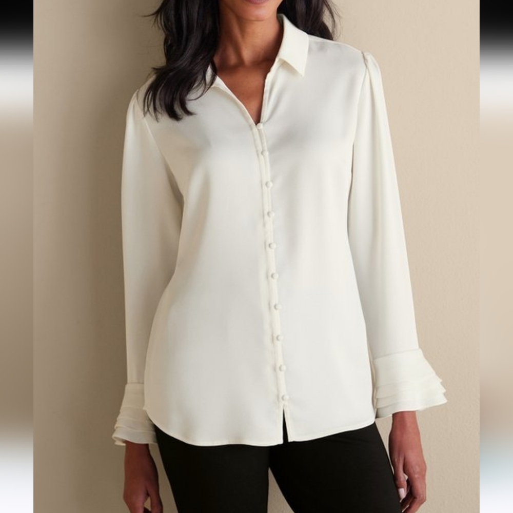 Soft Surrpundings Sonnet Blouse Cream Button-Up Blouse Details Size L PTP 23IN